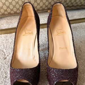 Christian Louboutin Burgundy Glitter Peep-Toe Pumps with Open Toe